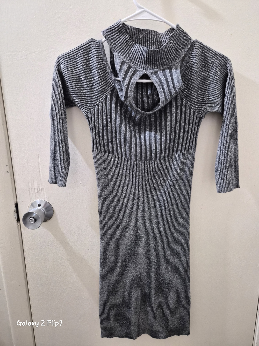 Grey Ribbed Cold-Shoulder Mock Neck Mini Dress